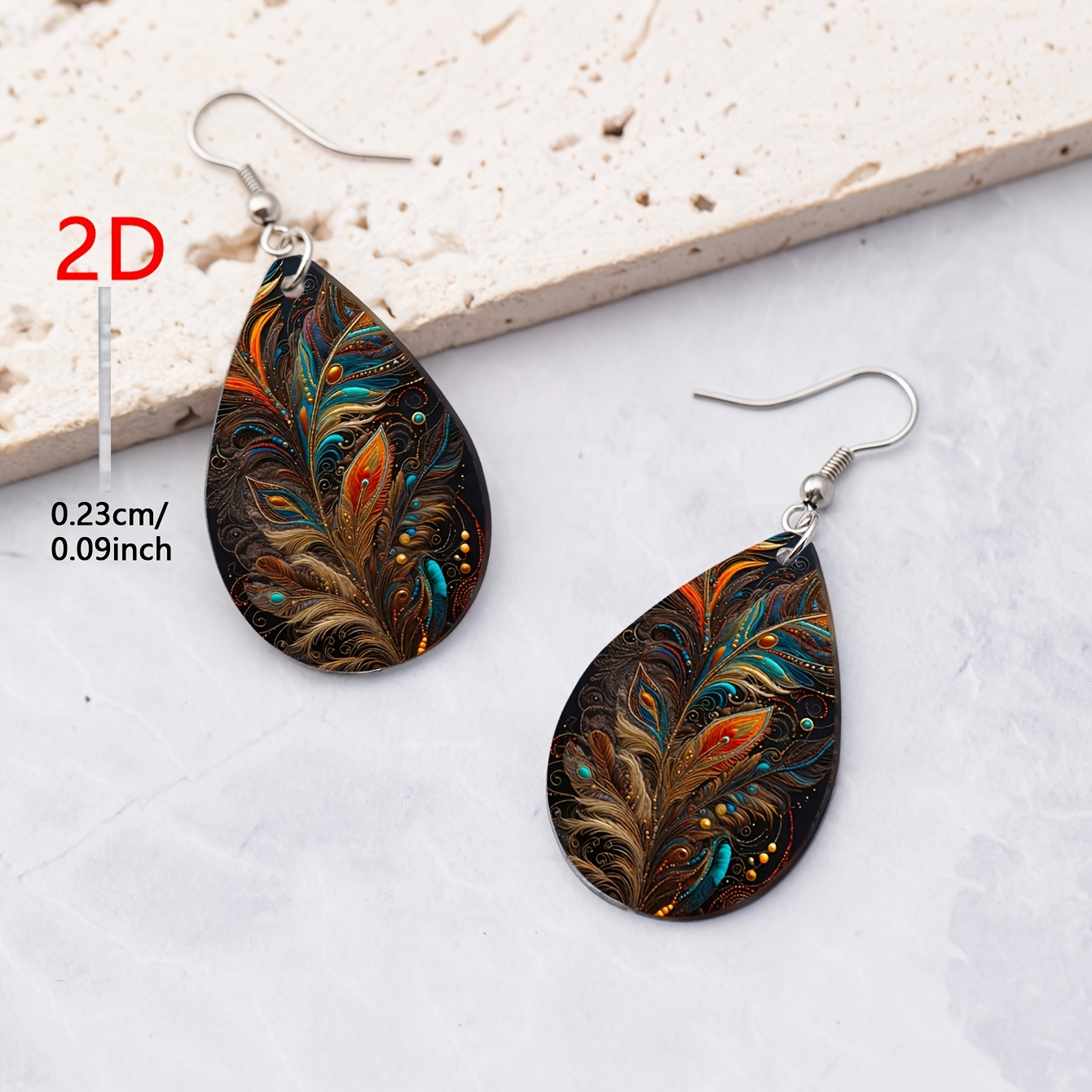 Women's Golden Peacock Feather Pattern Acrylic Teardrop Earrings